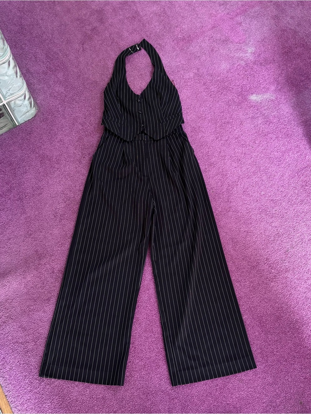 Black Pinstripe Halter Wide-Leg Jumpsuit